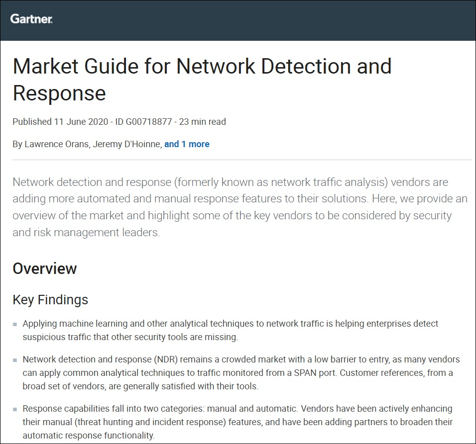 2020 Gartner Market Guide for Network Detection and Response