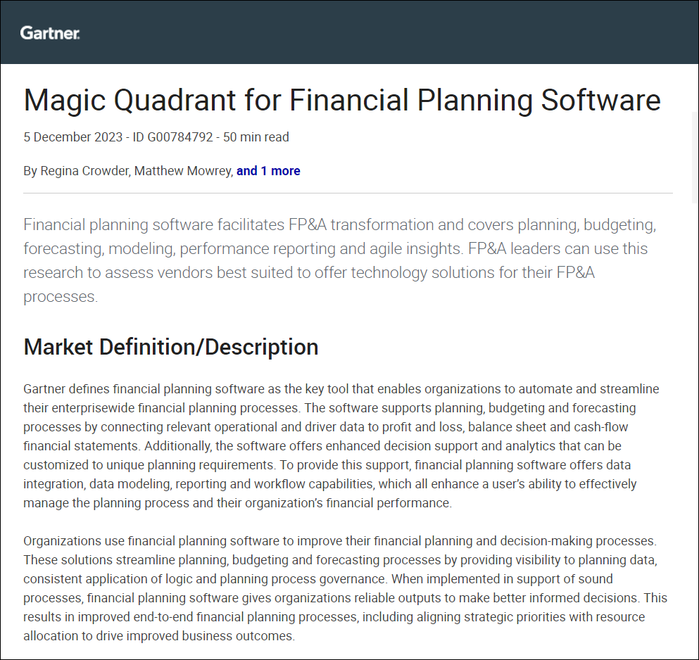 2023 Gartner® Magic Quadrant™ for Financial Planning Software